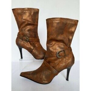 Women’s Brown Metallic Mid-Calf Heeled Boots Pointed Toe Buckle Y2K Size 9